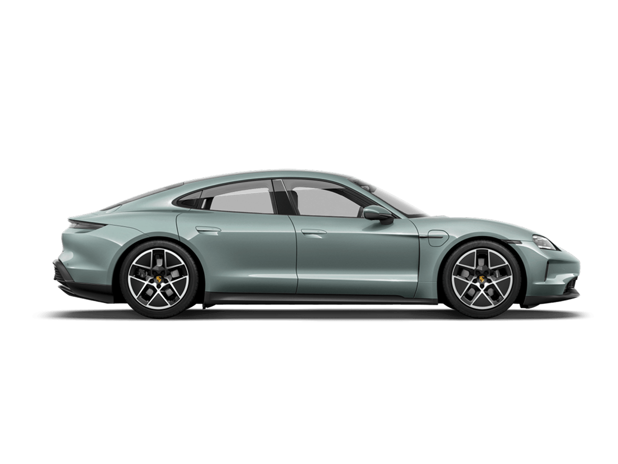 Side view/profile of a Porsche Taycan in Shade Green Metallic.