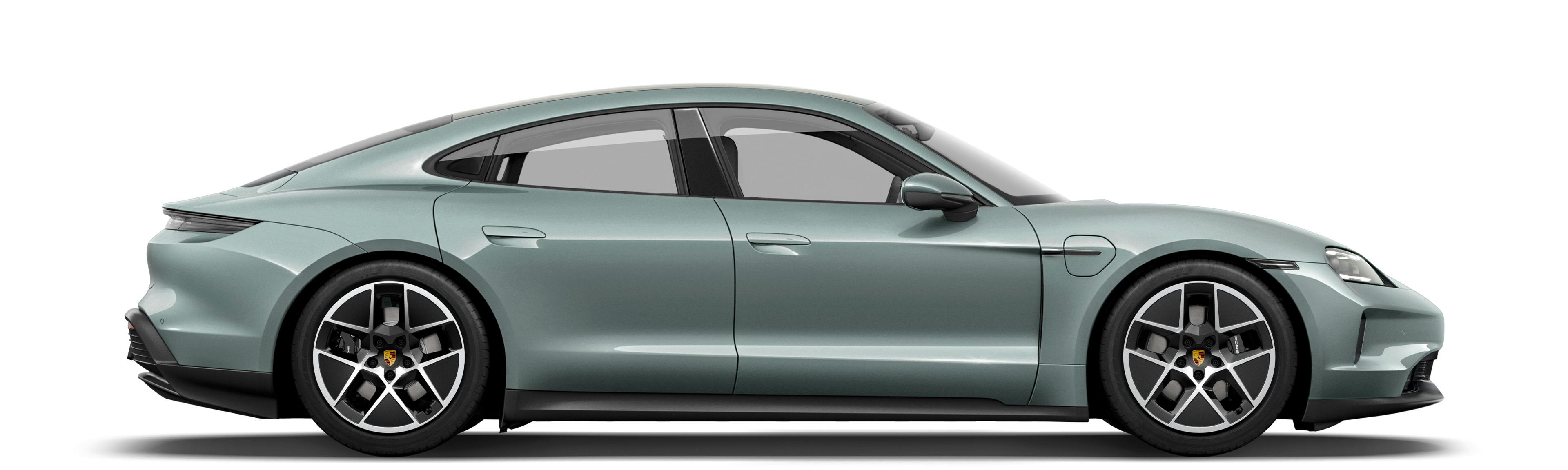Side shot of a shade green metallic Porsche Taycan Sport Limousine on a white background.