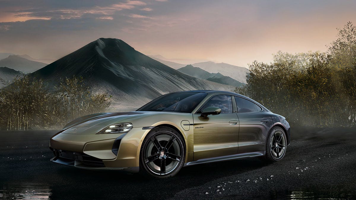 Celestial Jade, standing on wet ground with mountain landscape and trees in the background.