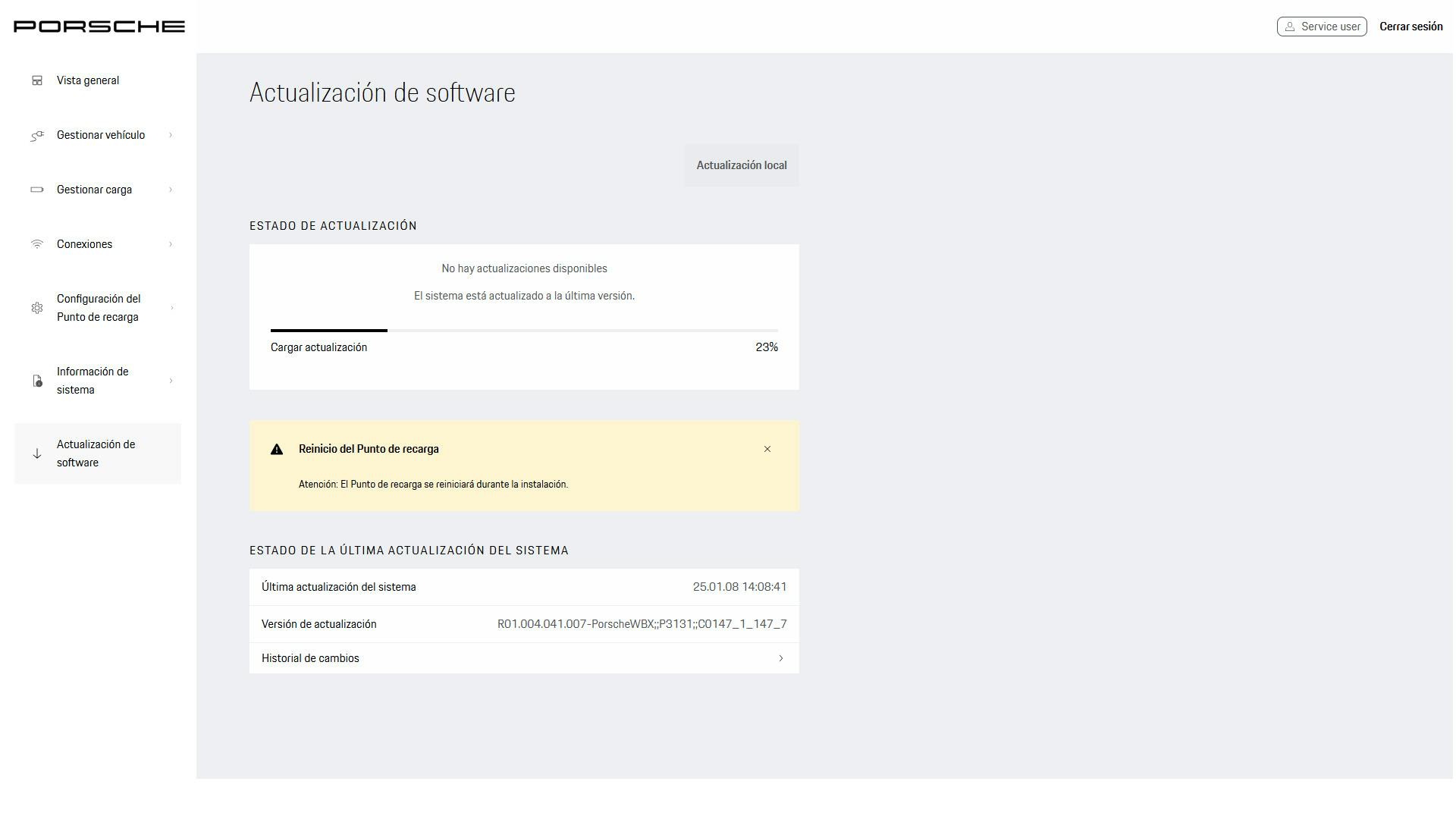 Indicador de progreso en el menú de actualización de software después de iniciar una actualización local.