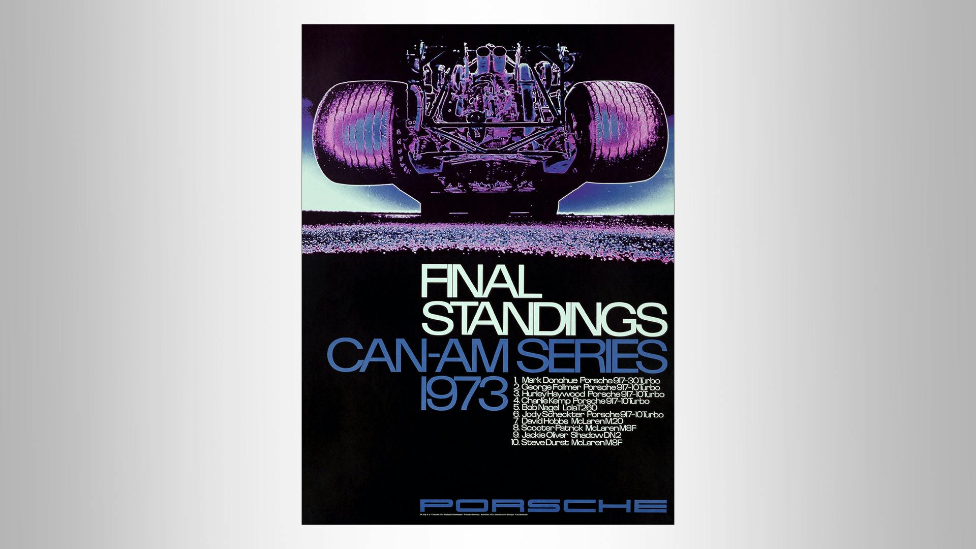 Porsche Race Poster of the Final Standing, Can-Am Series 1973 with purple grafic elements and blue/white writing.