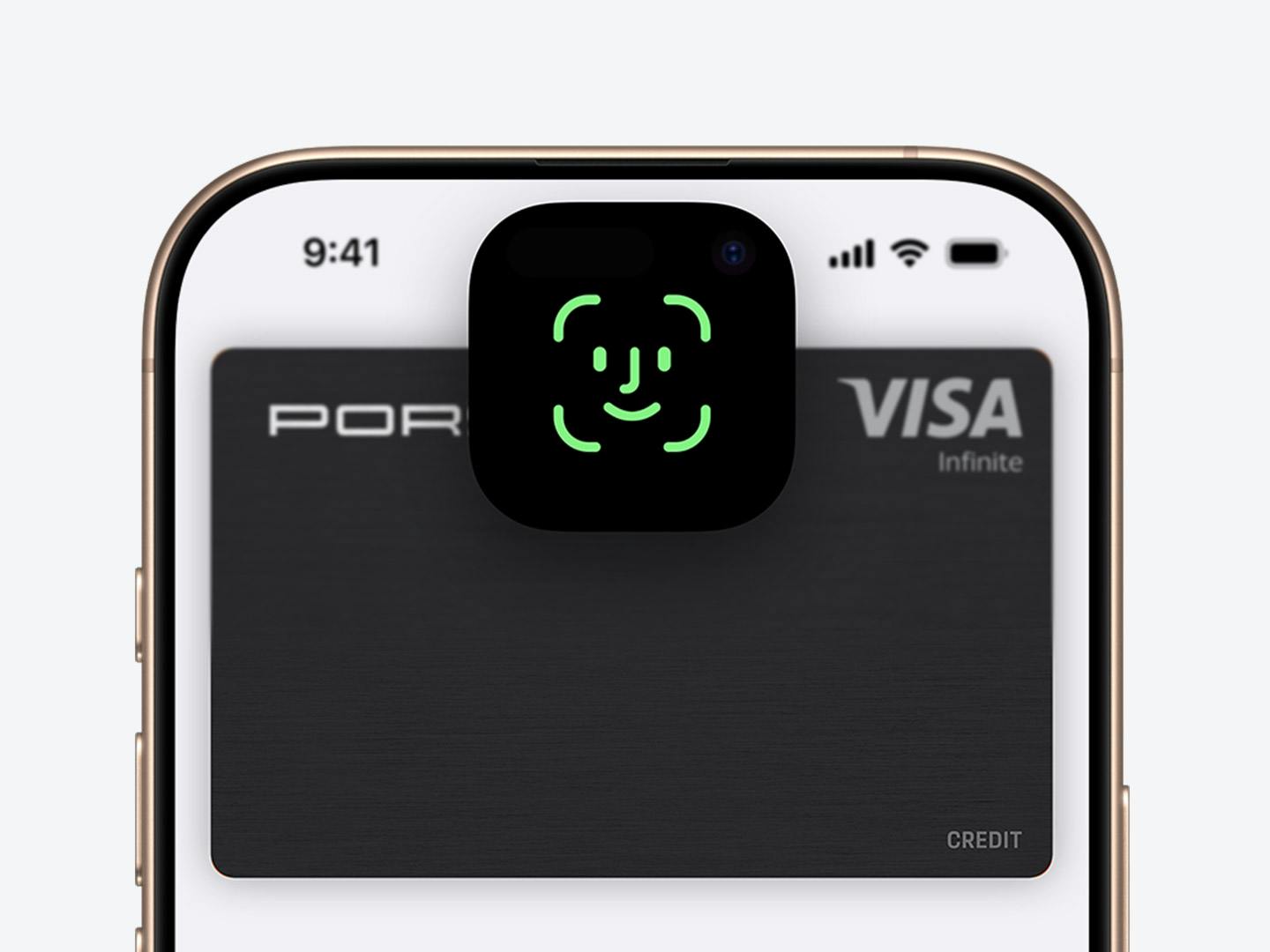 Nahaufnahme eines iPhones mit digitaler Porsche Visa Infinite Karte und aktiviertem Face ID Symbol zur Authentifizierung.