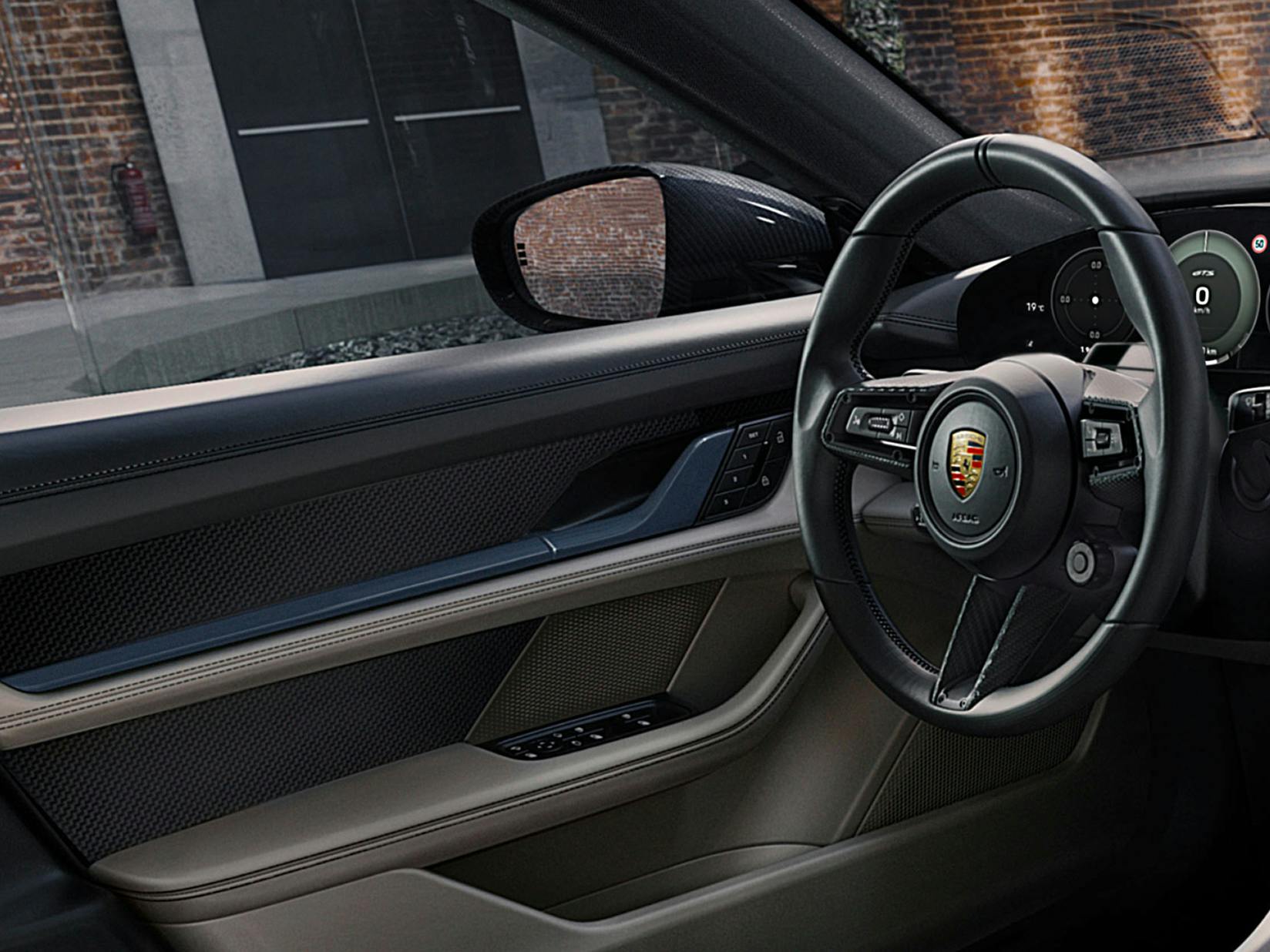 Porsche Exclusive Manufaktur Taycan GTS con paquete interior en carbono mate y paquete de contraste. Vista del puesto de conducción.