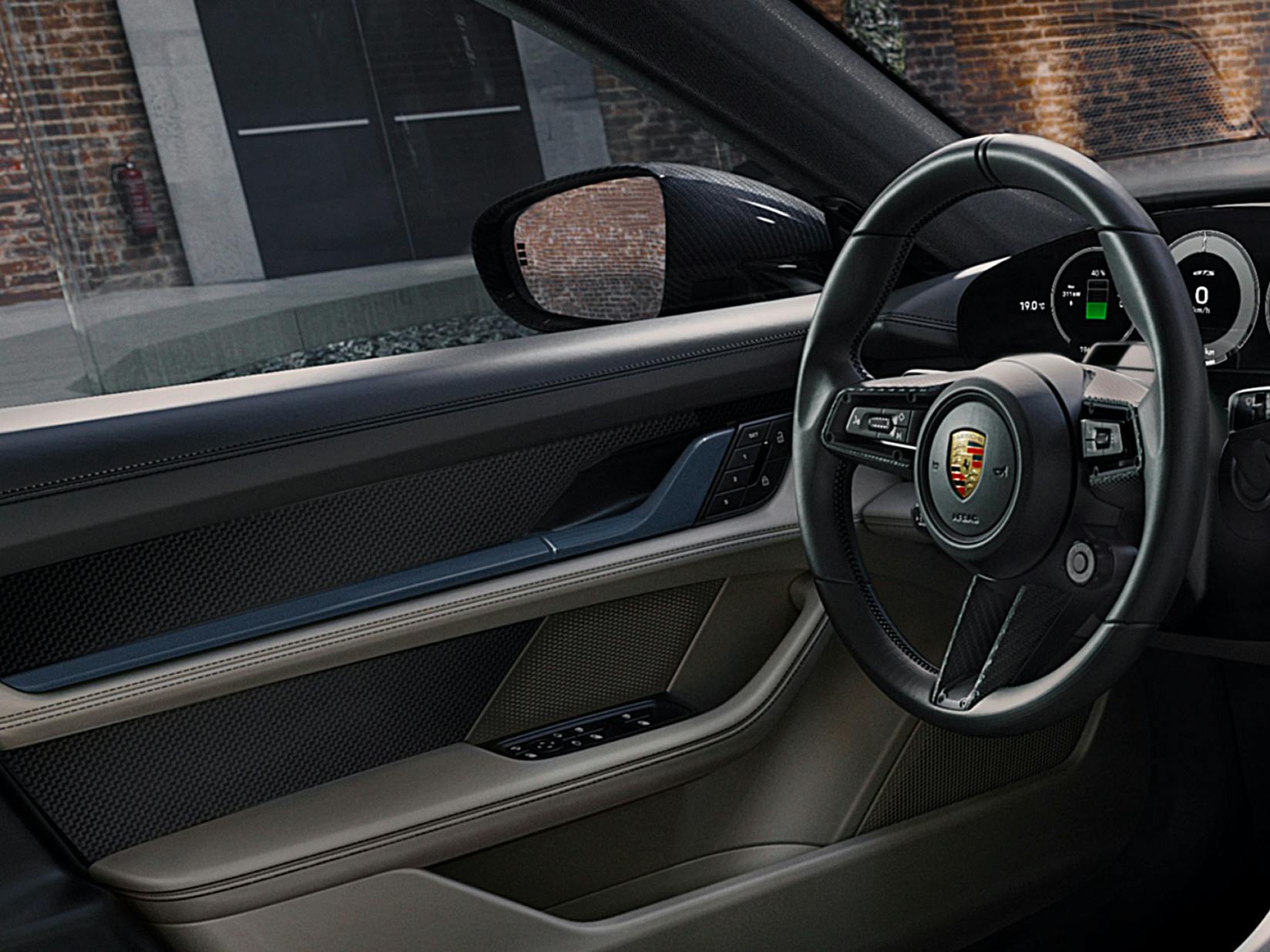 Porsche Exclusive Manufaktur Taycan GTS with matt carbon interior package and accent package. View into the cockpit.