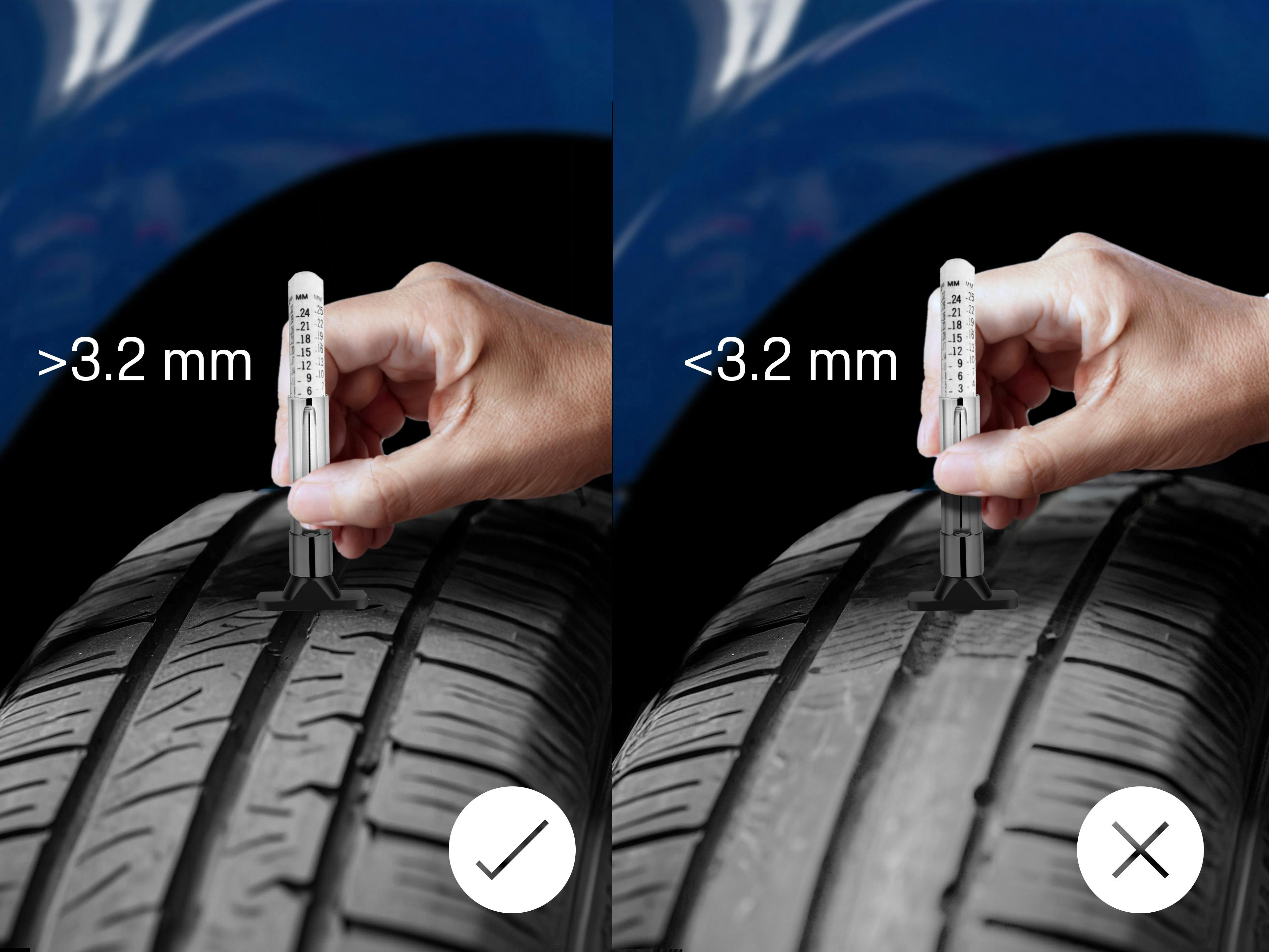 Image comparative montrant une profondeur de bande de roulement acceptable et une profondeur de bande de roulement inacceptable.