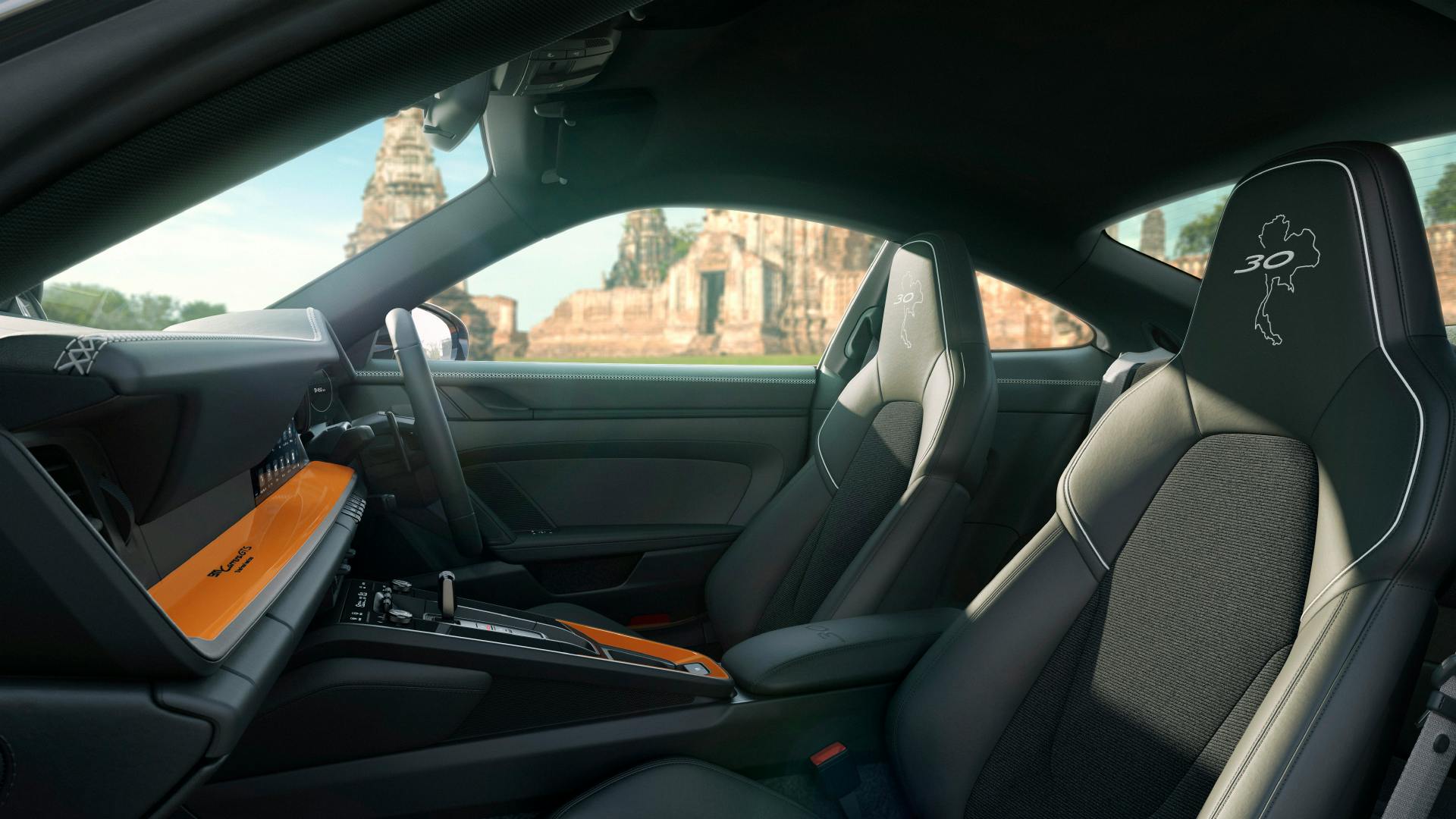 Dreams in Colours: Interior close-up of car seats in a 911 model from the 30 Years Porsche Thailand Edition.