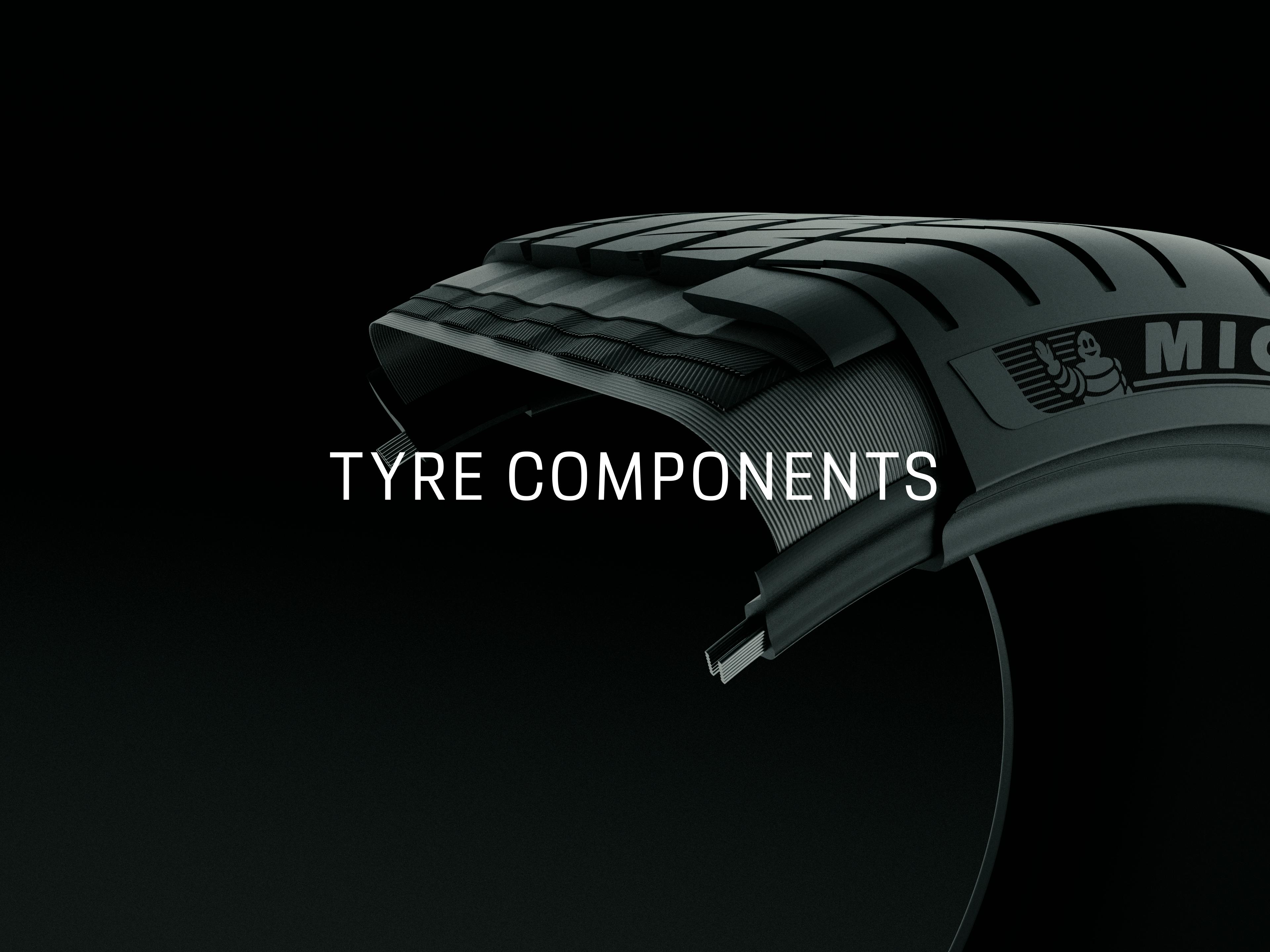 Bild, welches einen Reifen und die Worte Tyre Components zeigt.