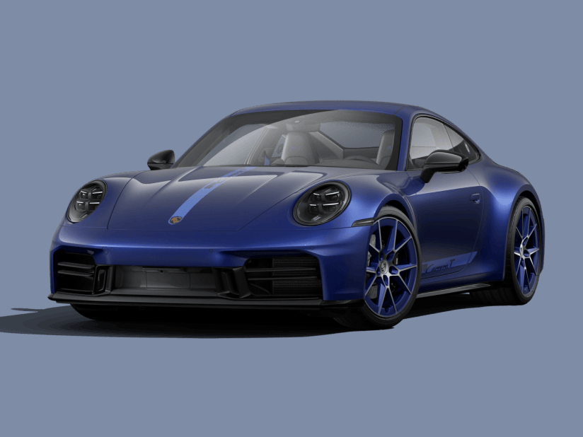 Front view of the Porsche 911 Carrera T in Gentian Blue Metallic.