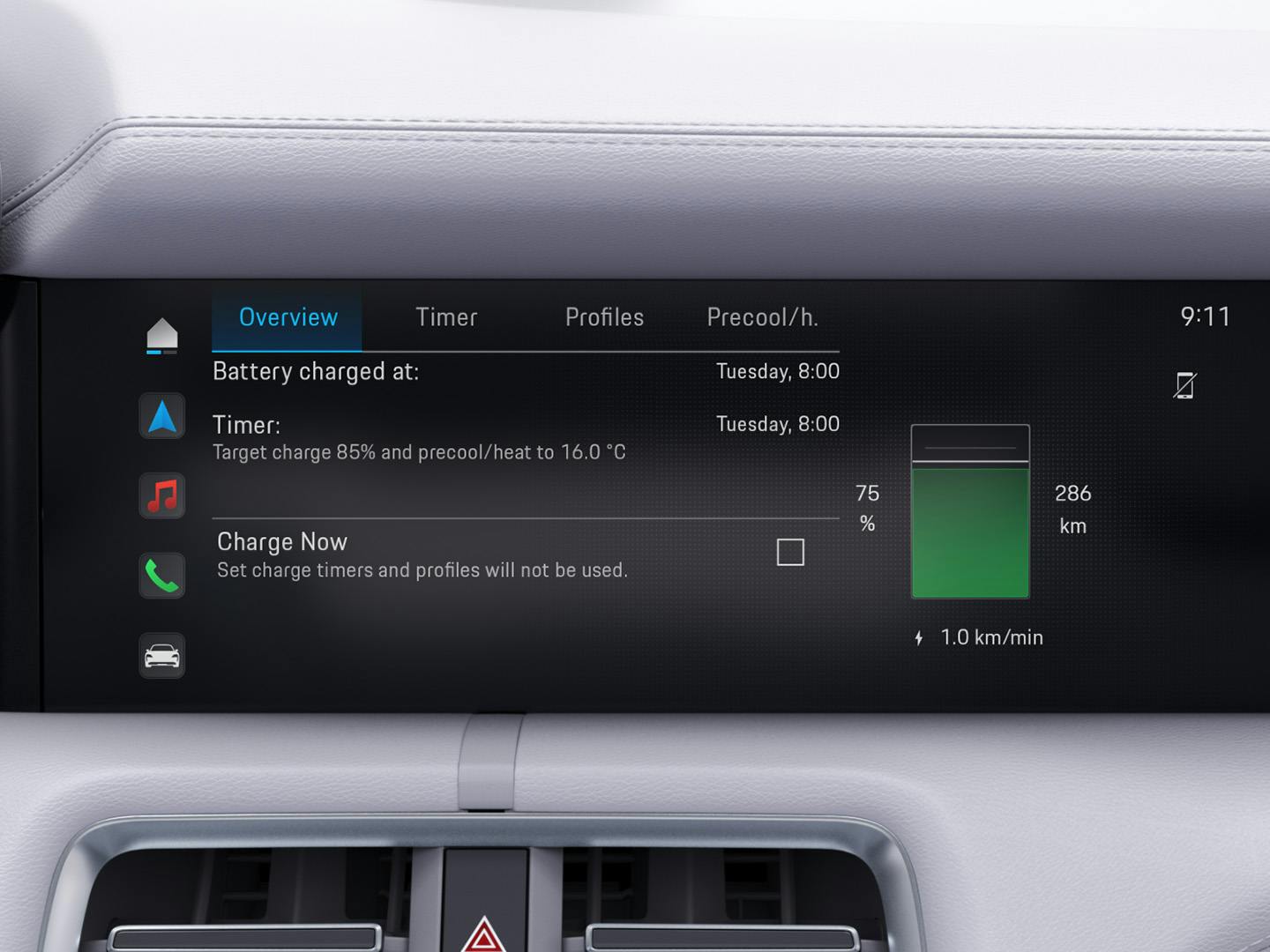 A digital display in the Porsche Taycan showing various options, including the instant charging option.