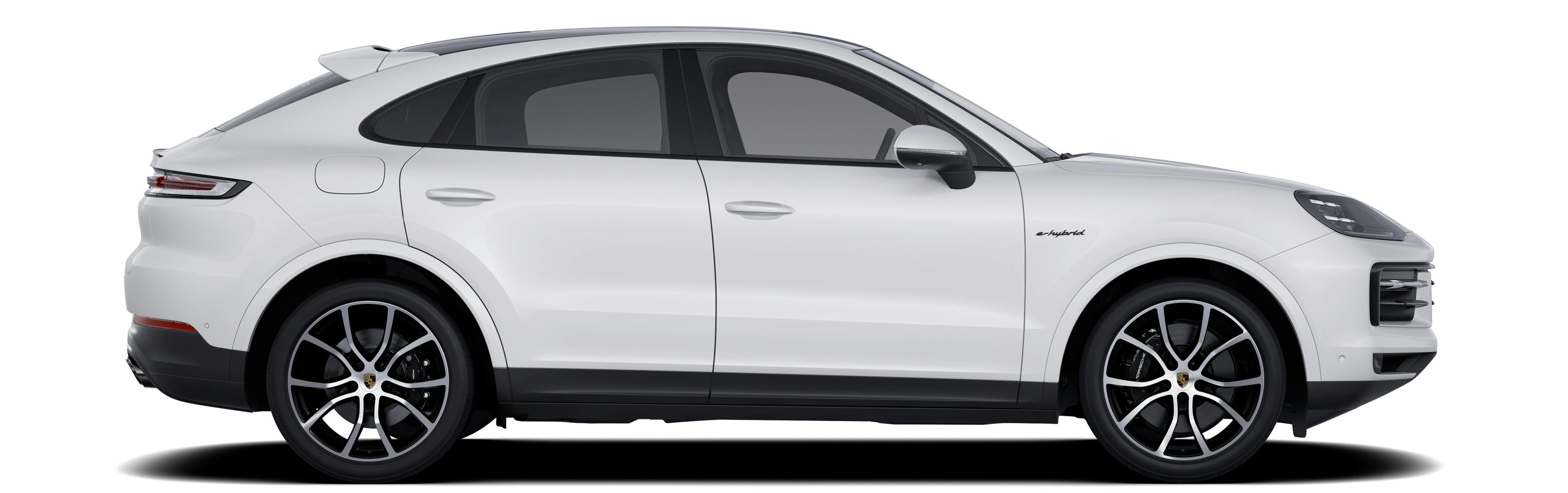 Side shot of a white Porsche Cayenne E-Hybrid Coupe on a white background.