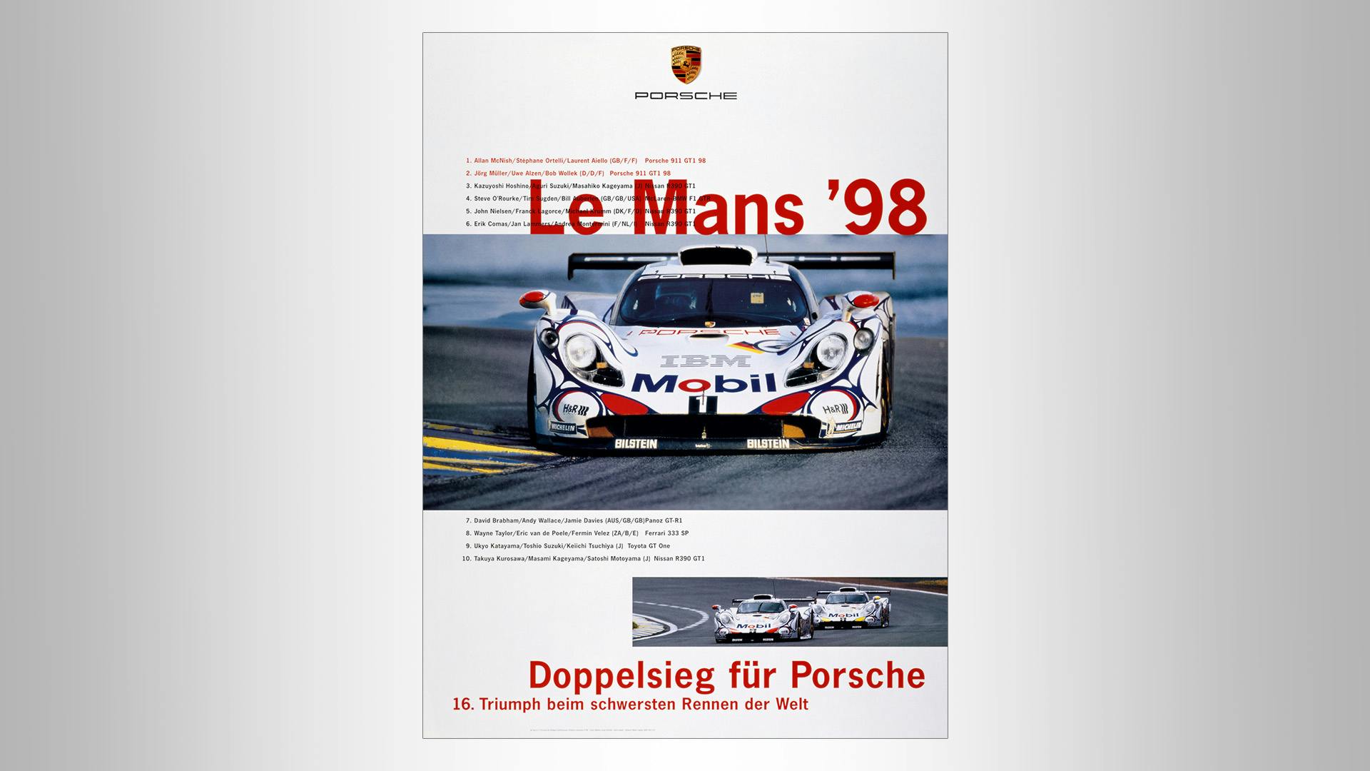 Porsche victory poster with a photo of the 911 GTI 98 race car and the red lettering: Le Mans 98. Doppelsieg für Porsche. 16. Triumph beim schwersten Rennen der Welt.